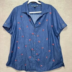 Karen Scott Denim Floral Embroidered Button Shirt XL Blue Jean Top Cottage Boho
